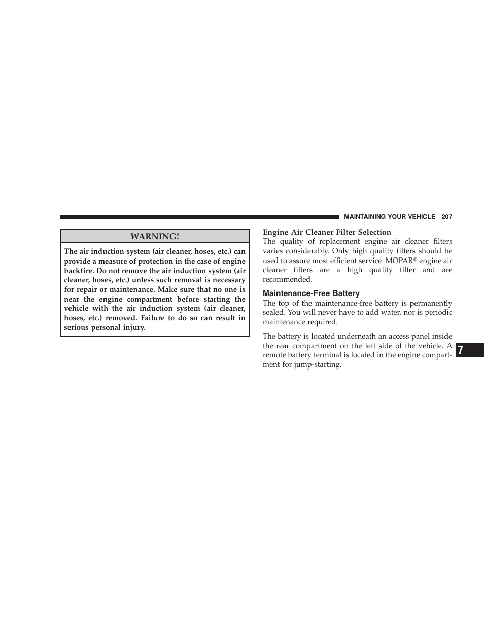 Maintenance-free battery | Dodge 2009 Viper User Manual | Page 209 / 299