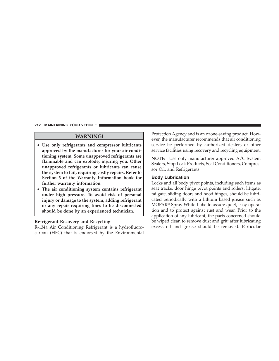 Body lubrication | Dodge 2009 Viper User Manual | Page 214 / 299
