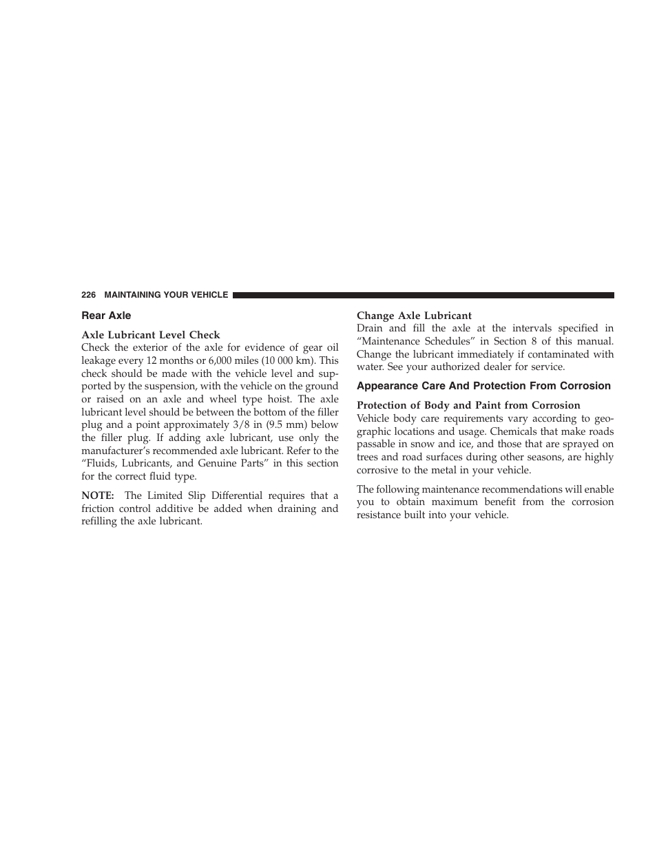 Rear axle, Appearance care and protection from corrosion, Appearance care and protection from | Corrosion | Dodge 2009 Viper User Manual | Page 228 / 299