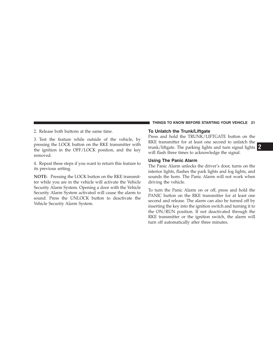 To unlatch the trunk/liftgate, Using the panic alarm | Dodge 2009 Viper User Manual | Page 23 / 299