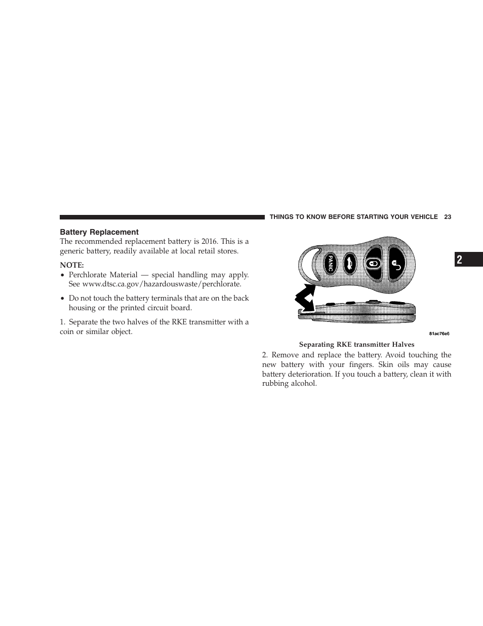 Battery replacement | Dodge 2009 Viper User Manual | Page 25 / 299