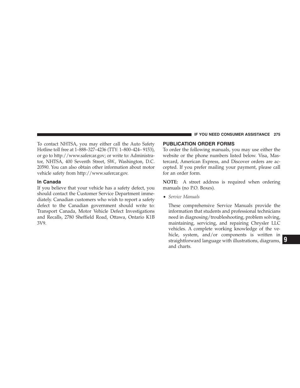In canada, Publication order forms | Dodge 2009 Viper User Manual | Page 277 / 299