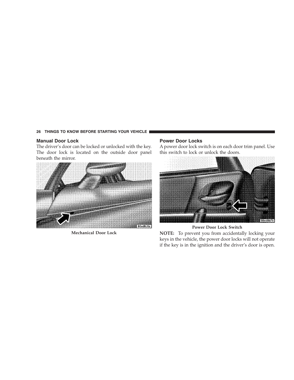 Manual door lock, Power door locks | Dodge 2009 Viper User Manual | Page 28 / 299