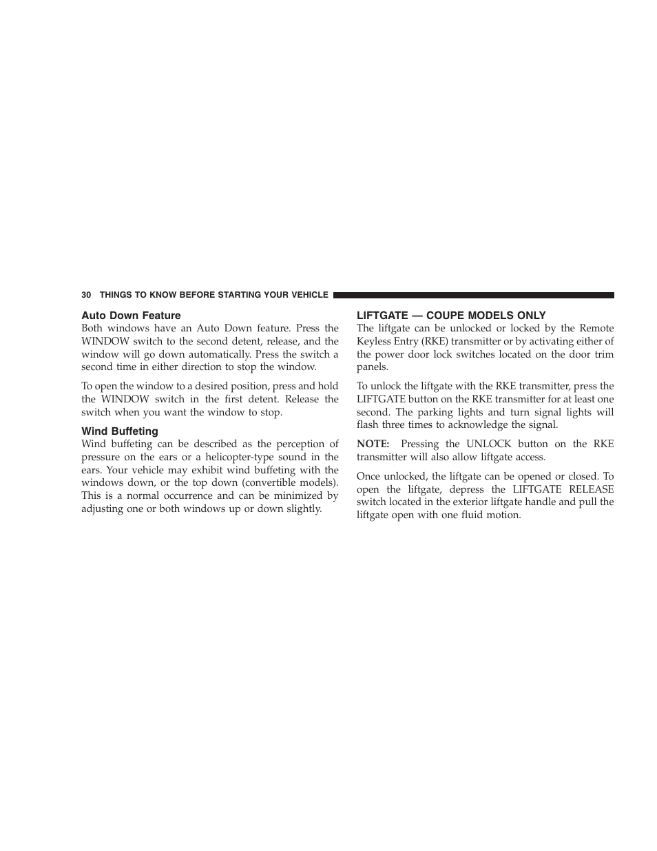 Auto down feature, Wind buffeting, Liftgate - coupe models only | Liftgate — coupe models only | Dodge 2009 Viper User Manual | Page 32 / 299