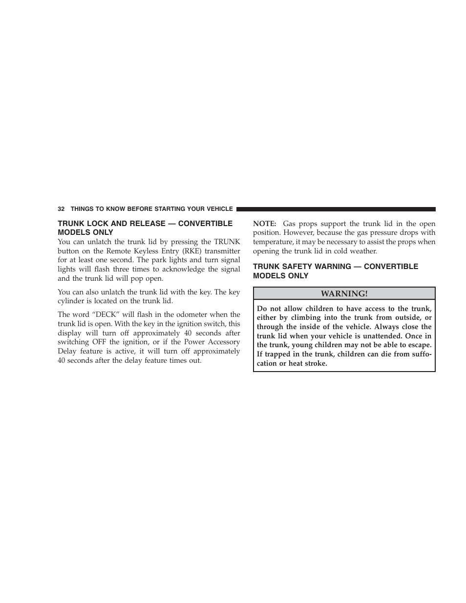 Trunk lock and release - convertible models only, Trunk safety warning - convertible models only, Trunk lock and release — convertible models | Only, Trunk safety warning — convertible models | Dodge 2009 Viper User Manual | Page 34 / 299