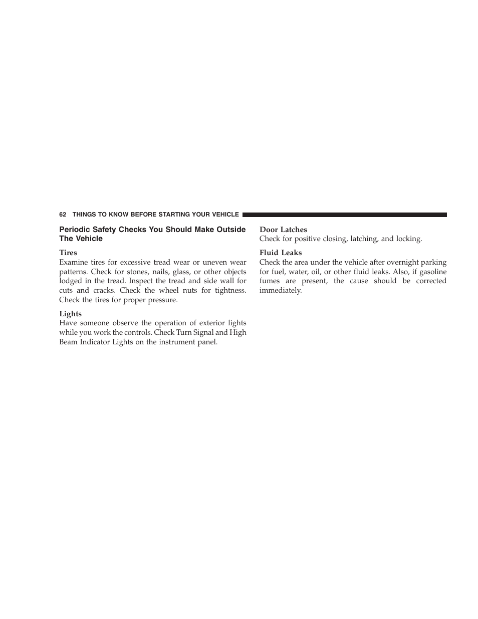 Periodic safety checks you should make, Outside the vehicle | Dodge 2009 Viper User Manual | Page 64 / 299