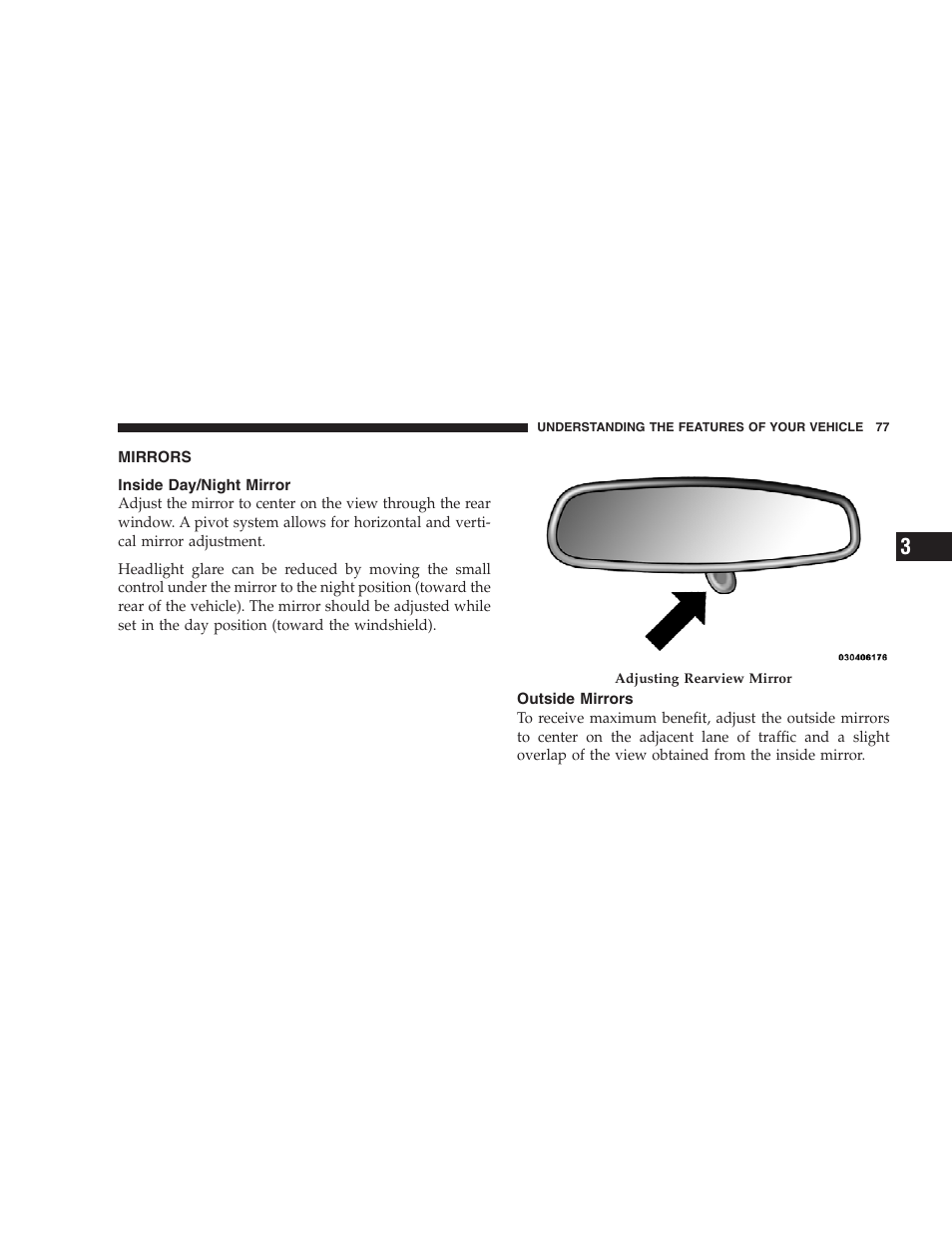 Mirrors, Inside day/night mirror, Outside mirrors | Dodge 2009 Viper User Manual | Page 79 / 299