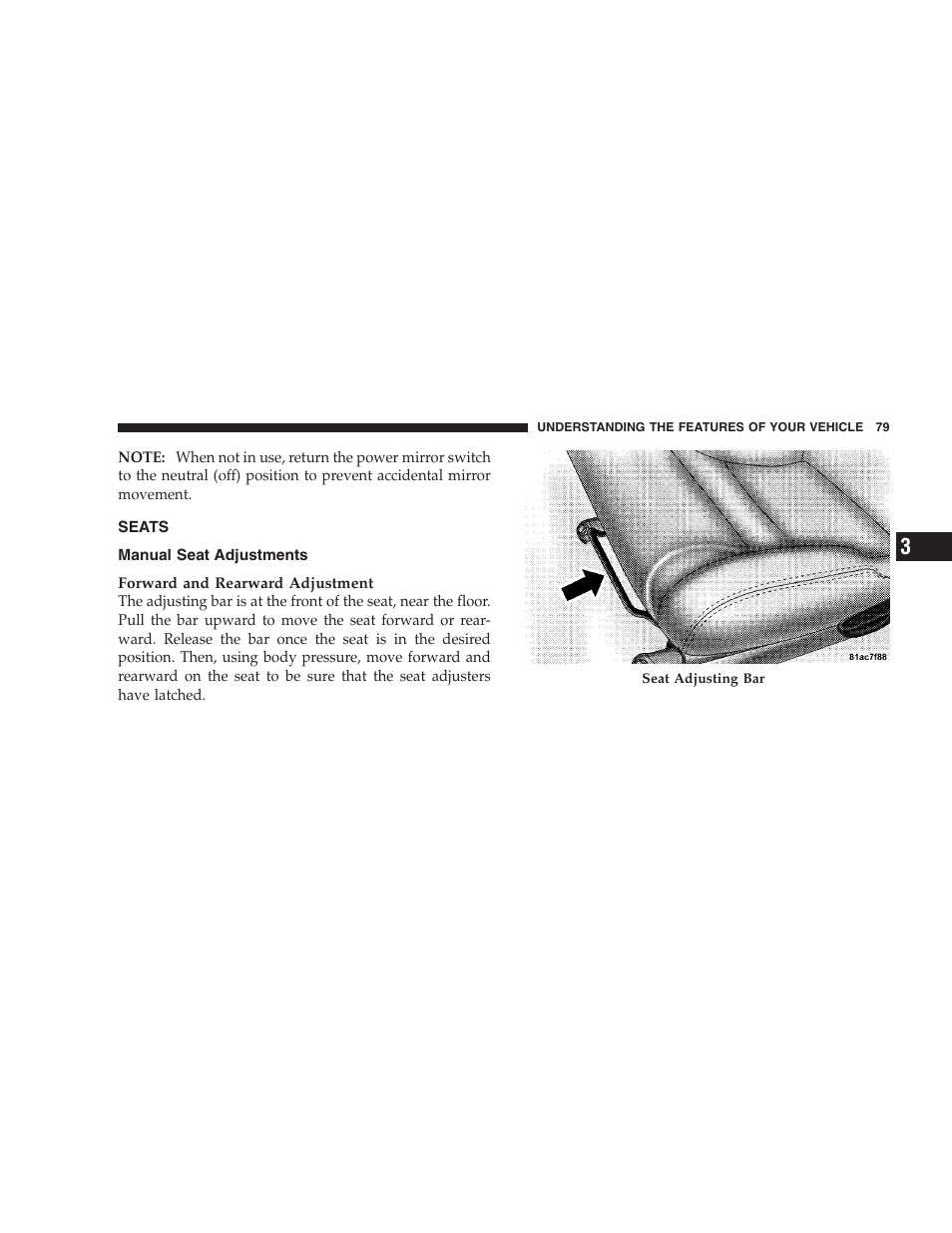 Seats, Manual seat adjustments | Dodge 2009 Viper User Manual | Page 81 / 299