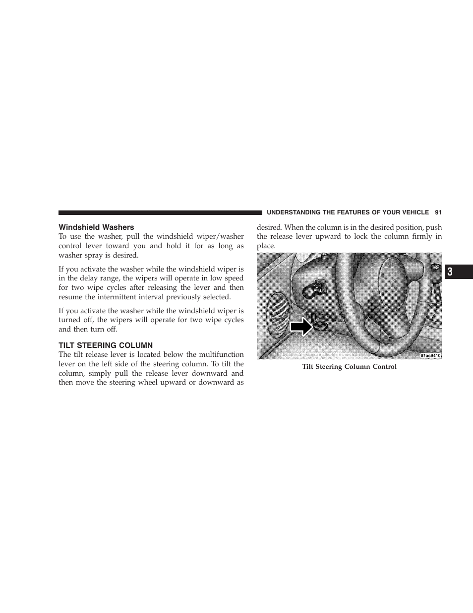 Windshield washers, Tilt steering column | Dodge 2009 Viper User Manual | Page 93 / 299