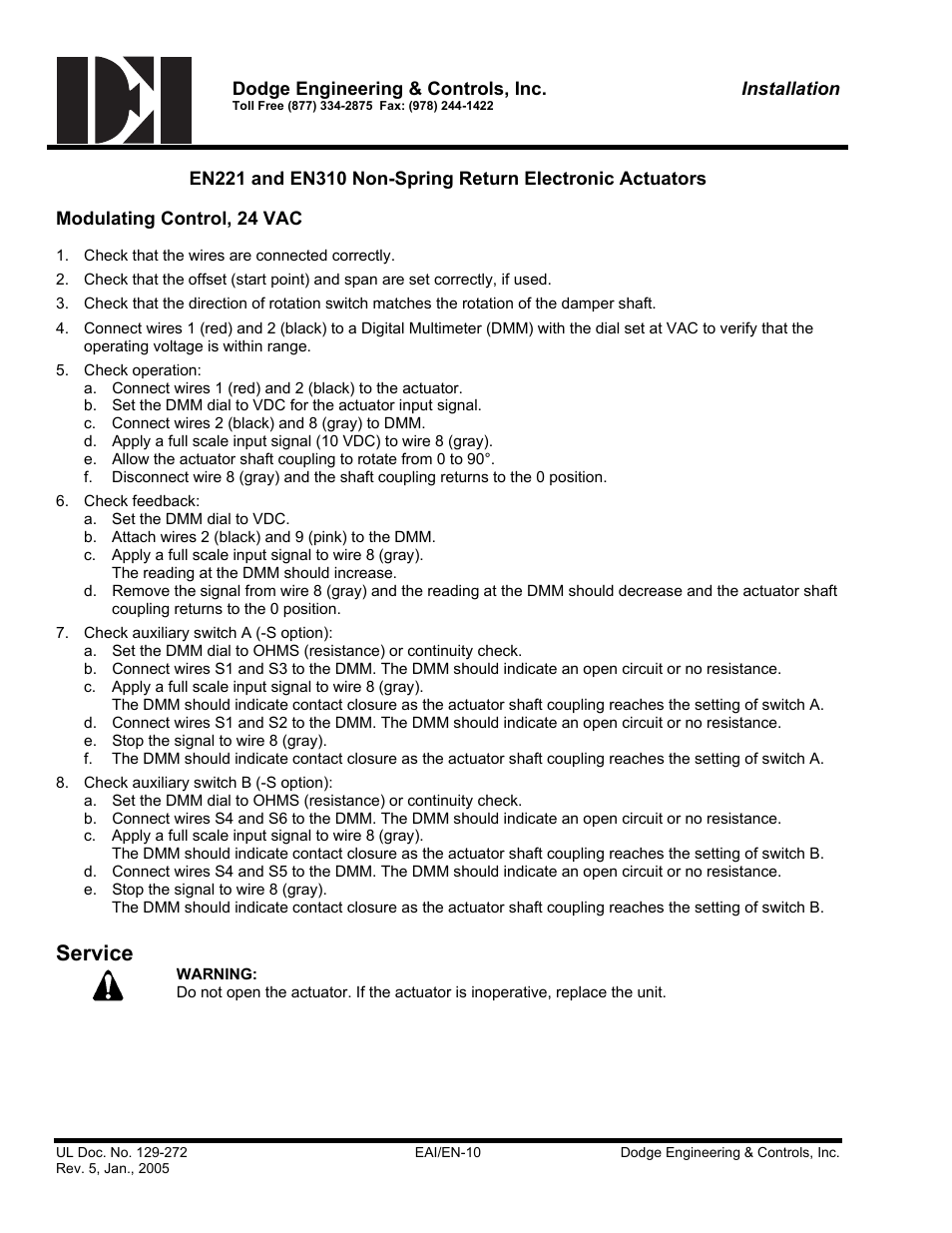 Modulating control (24 vac), Service | Dodge EN221 User Manual | Page 10 / 16