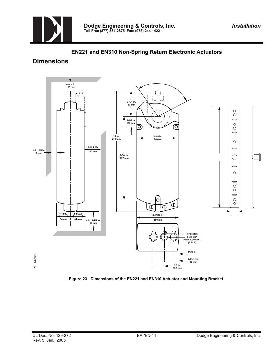 Actuator dimensions, Dimensions, Dodge engineering & controls, inc | Installation | Dodge EN221 User Manual | Page 11 / 16