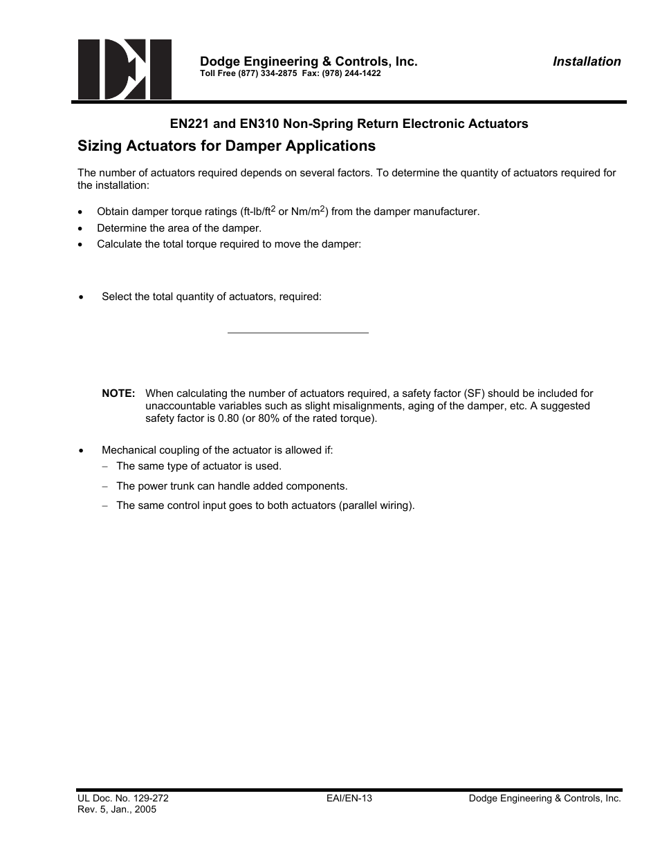 Actuator sizing for dampers, Sizing actuators for damper applications | Dodge EN221 User Manual | Page 13 / 16