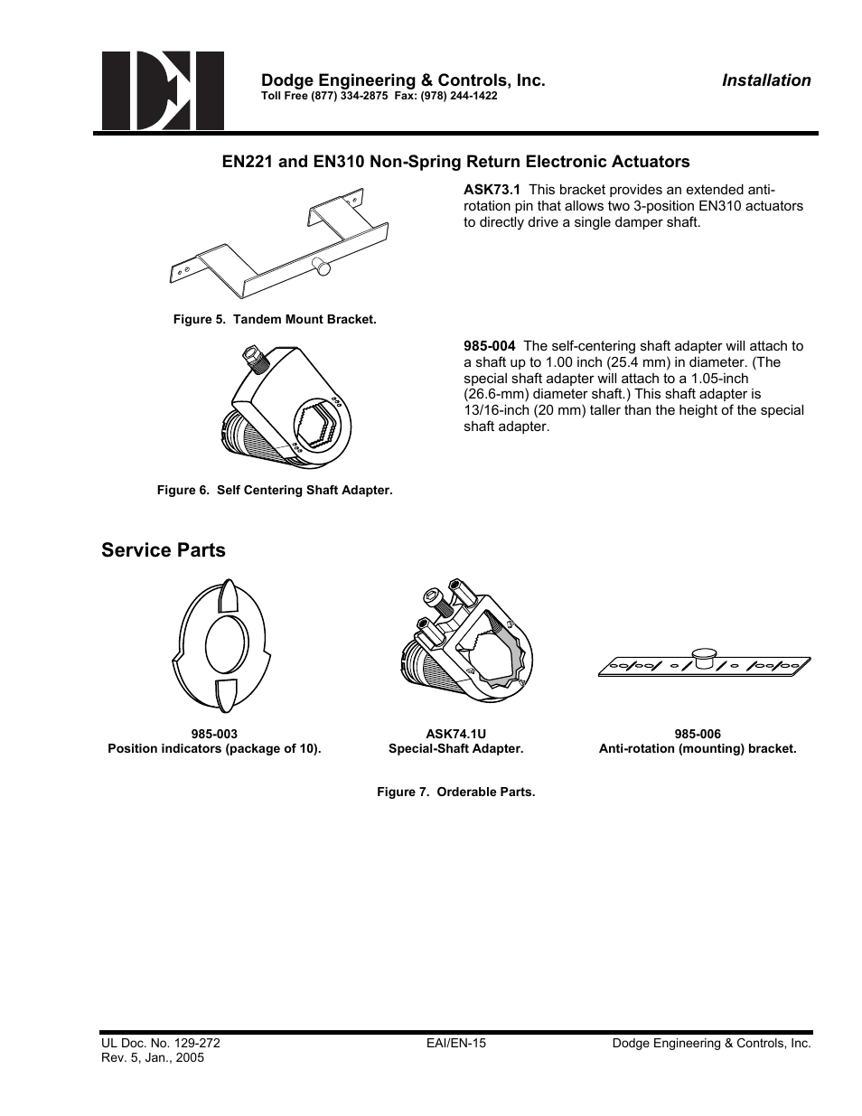 Service parts, Dodge engineering & controls, inc, Installation | Dodge EN221 User Manual | Page 15 / 16