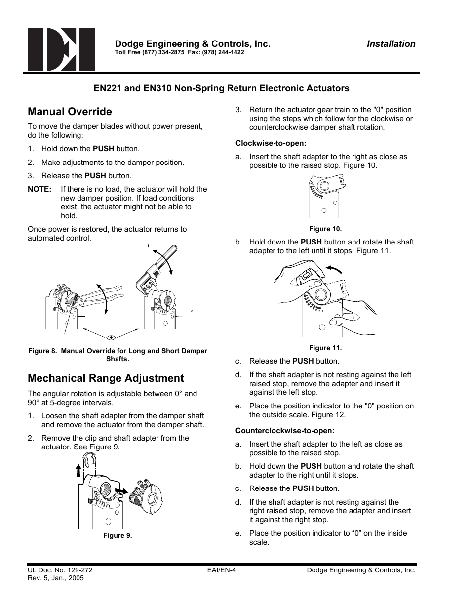 Manual override, Mechanical range adjustment, Dodge engineering & controls, inc | Installation | Dodge EN221 User Manual | Page 4 / 16
