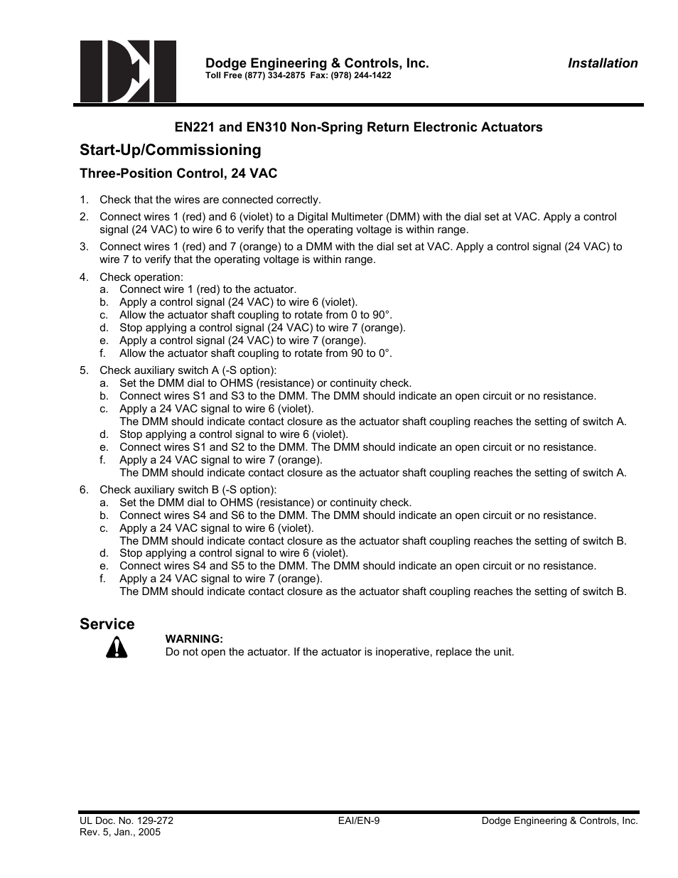 Start-up/commissioning, Three-position (floating) control (24 vac), Service | Dodge EN221 User Manual | Page 9 / 16