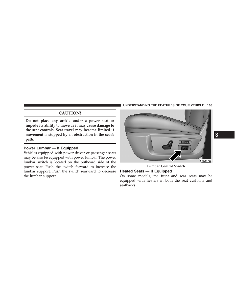 Power lumbar — if equipped, Heated seats — if equipped | Dodge 2011 Ram 1500 User Manual | Page 104 / 622