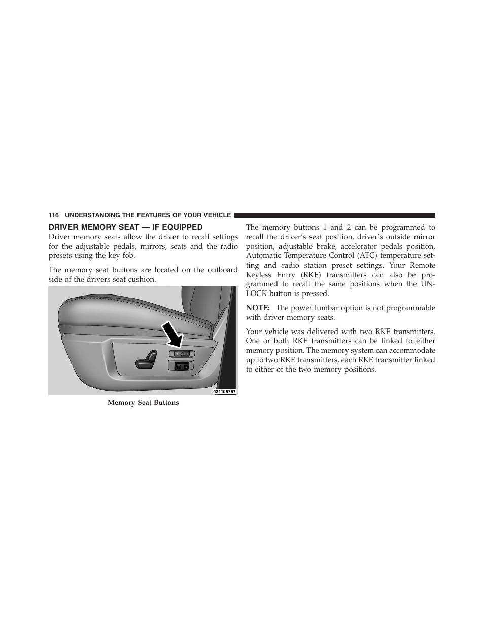 Driver memory seat — if equipped | Dodge 2011 Ram 1500 User Manual | Page 117 / 622