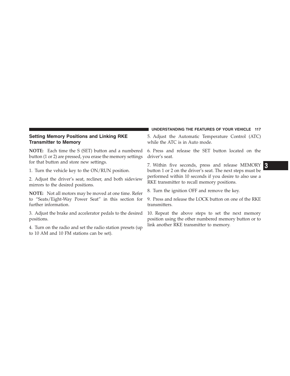 Setting memory positions and linking rke, Transmitter to memory | Dodge 2011 Ram 1500 User Manual | Page 118 / 622