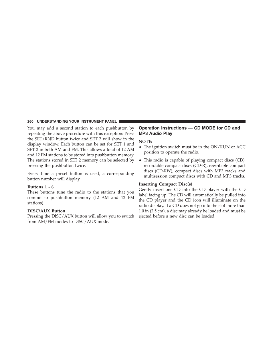 Operation instructions — cd mode for cd, And mp3 audio play | Dodge 2011 Ram 1500 User Manual | Page 261 / 622