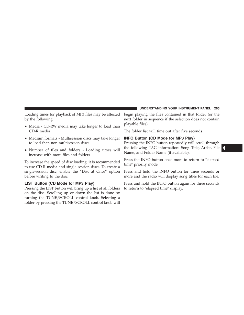 List button (cd mode for mp3 play), Info button (cd mode for mp3 play) | Dodge 2011 Ram 1500 User Manual | Page 266 / 622