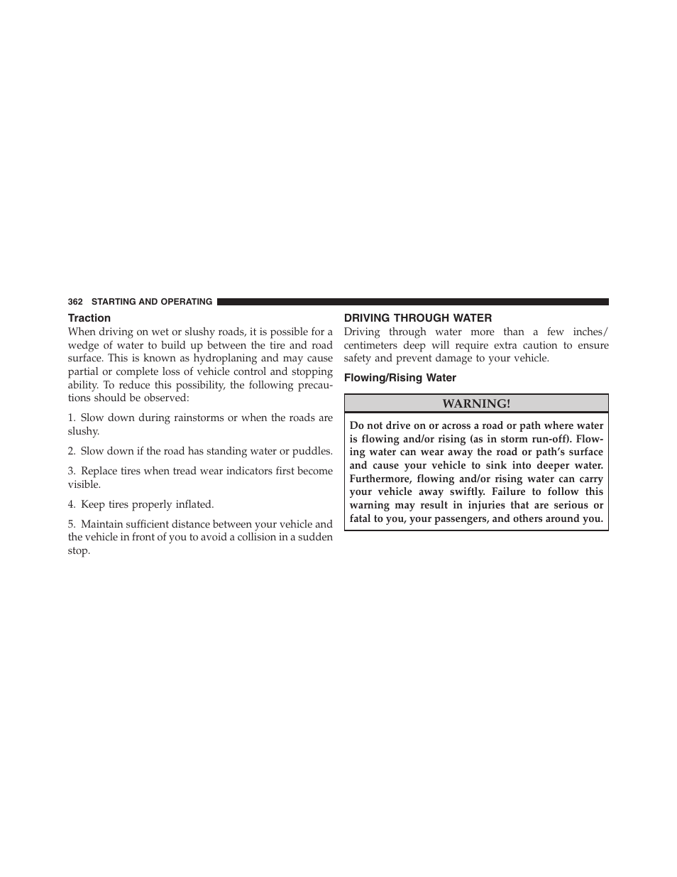 Traction, Driving through water, Flowing/rising water | Dodge 2011 Ram 1500 User Manual | Page 363 / 622