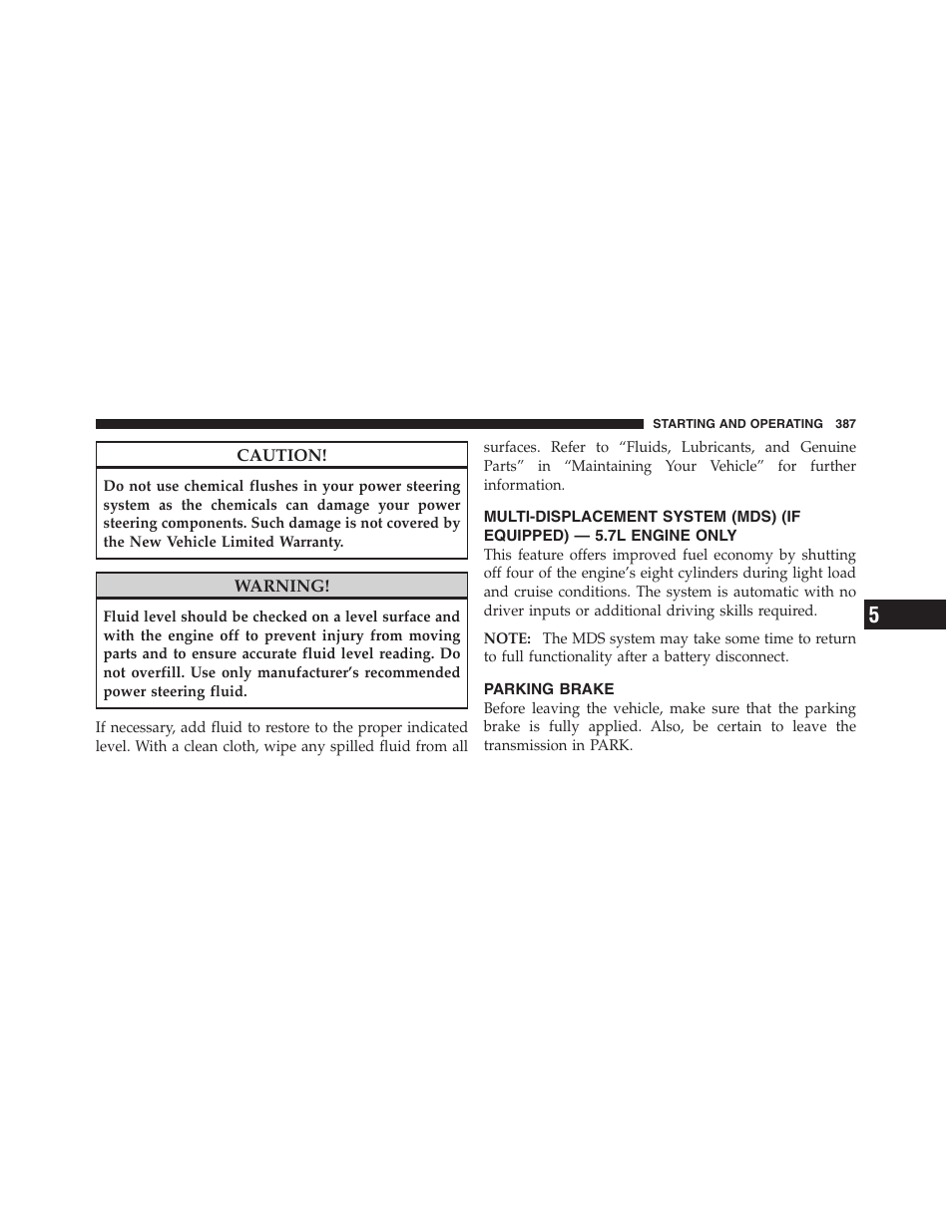 Parking brake, Multi-displacement system (mds) (if, Equipped) — 5.7l engine only | Dodge 2011 Ram 1500 User Manual | Page 388 / 622