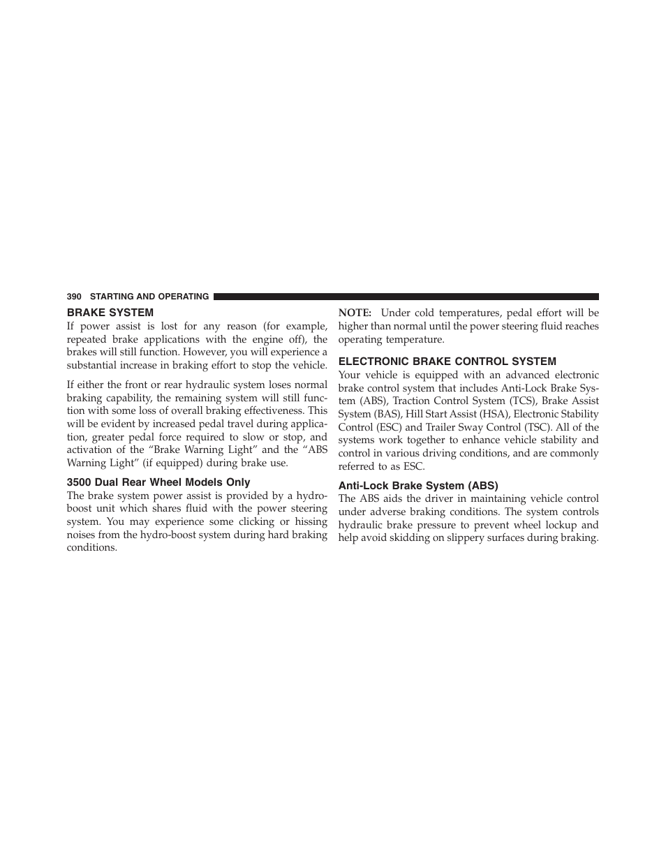 Brake system, 3500 dual rear wheel models only, Electronic brake control system | Anti-lock brake system (abs) | Dodge 2011 Ram 1500 User Manual | Page 391 / 622