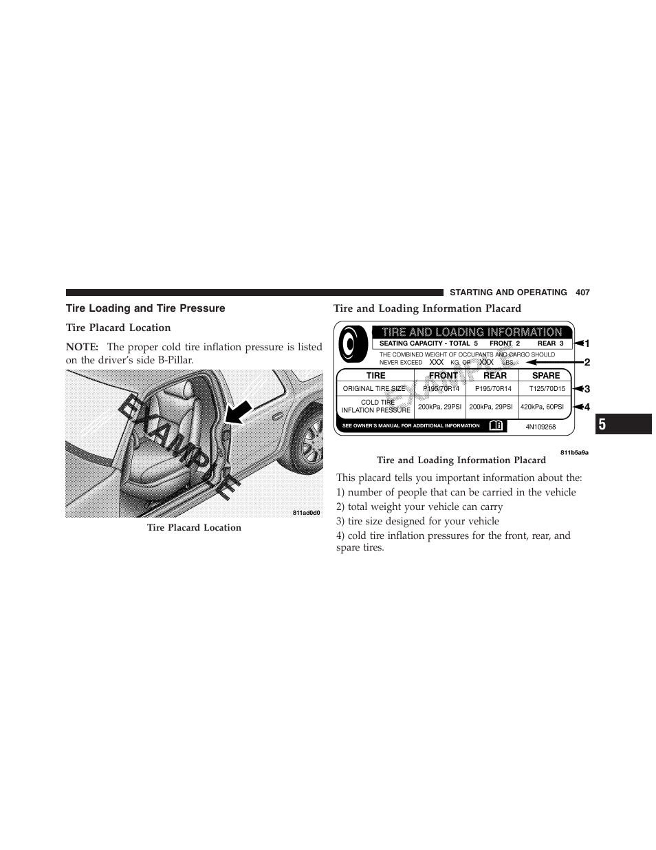 Tire loading and tire pressure | Dodge 2011 Ram 1500 User Manual | Page 408 / 622