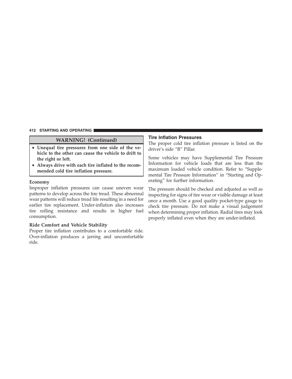 Tire inflation pressures | Dodge 2011 Ram 1500 User Manual | Page 413 / 622