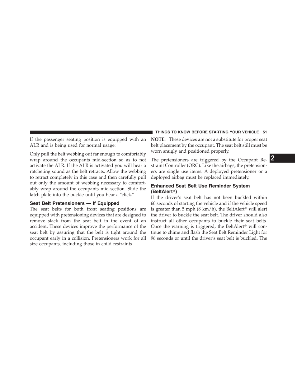 Seat belt pretensioners — if equipped, Enhanced seat belt use reminder system, Beltalert | Dodge 2011 Ram 1500 User Manual | Page 52 / 622