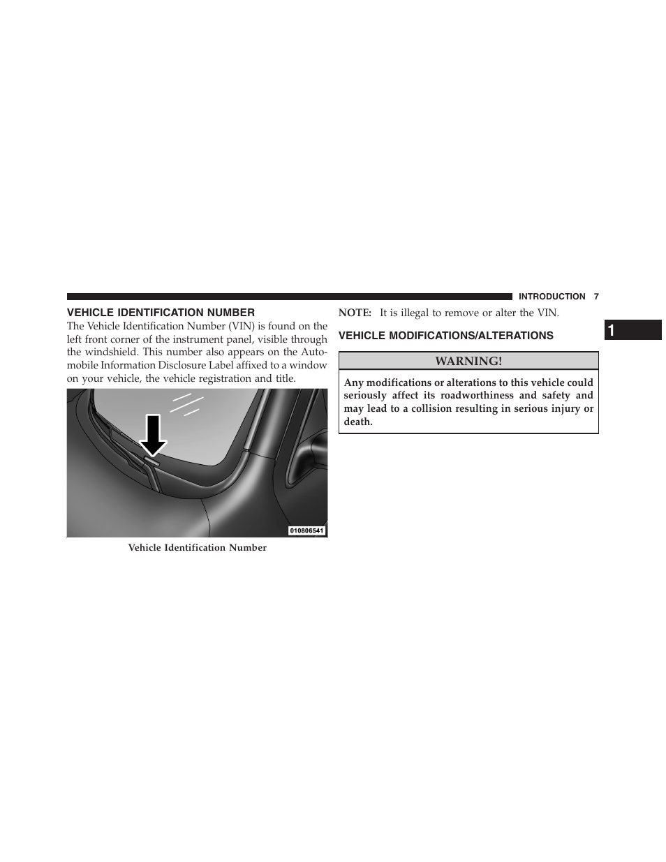 Vehicle identification number, Vehicle modifications/alterations | Dodge 2011 Ram 1500 User Manual | Page 8 / 622