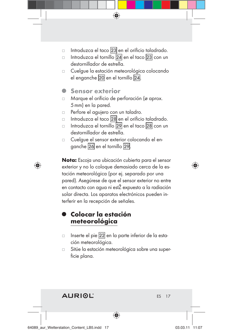 Sensor exterior, Colocar la estación meteorológica | Auriol Z29962A User Manual | Page 15 / 93