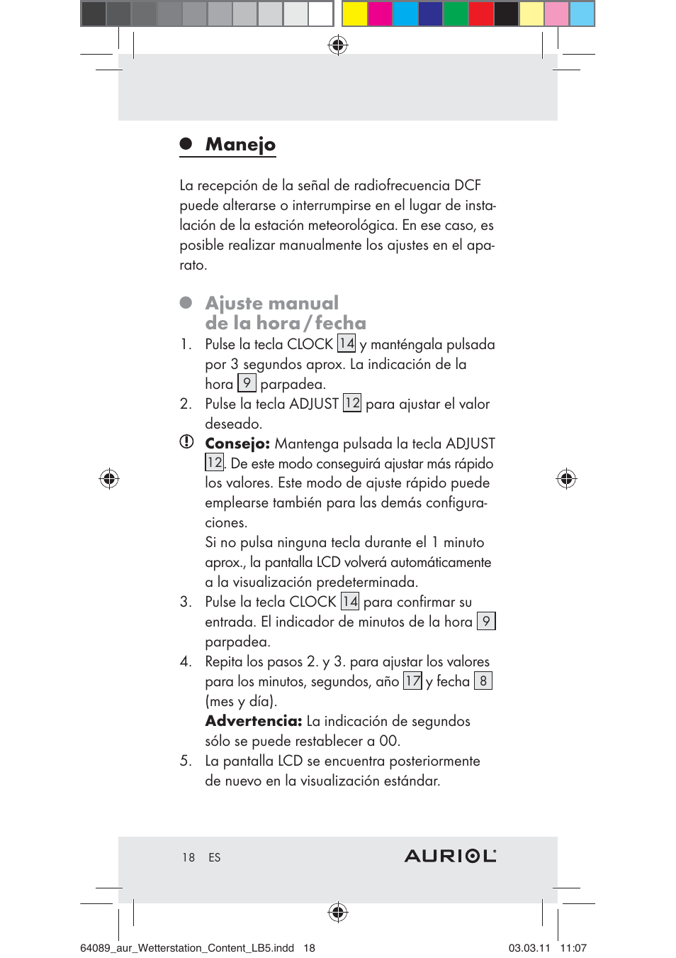 Manejo, Ajuste manual de la hora / fecha | Auriol Z29962A User Manual | Page 16 / 93