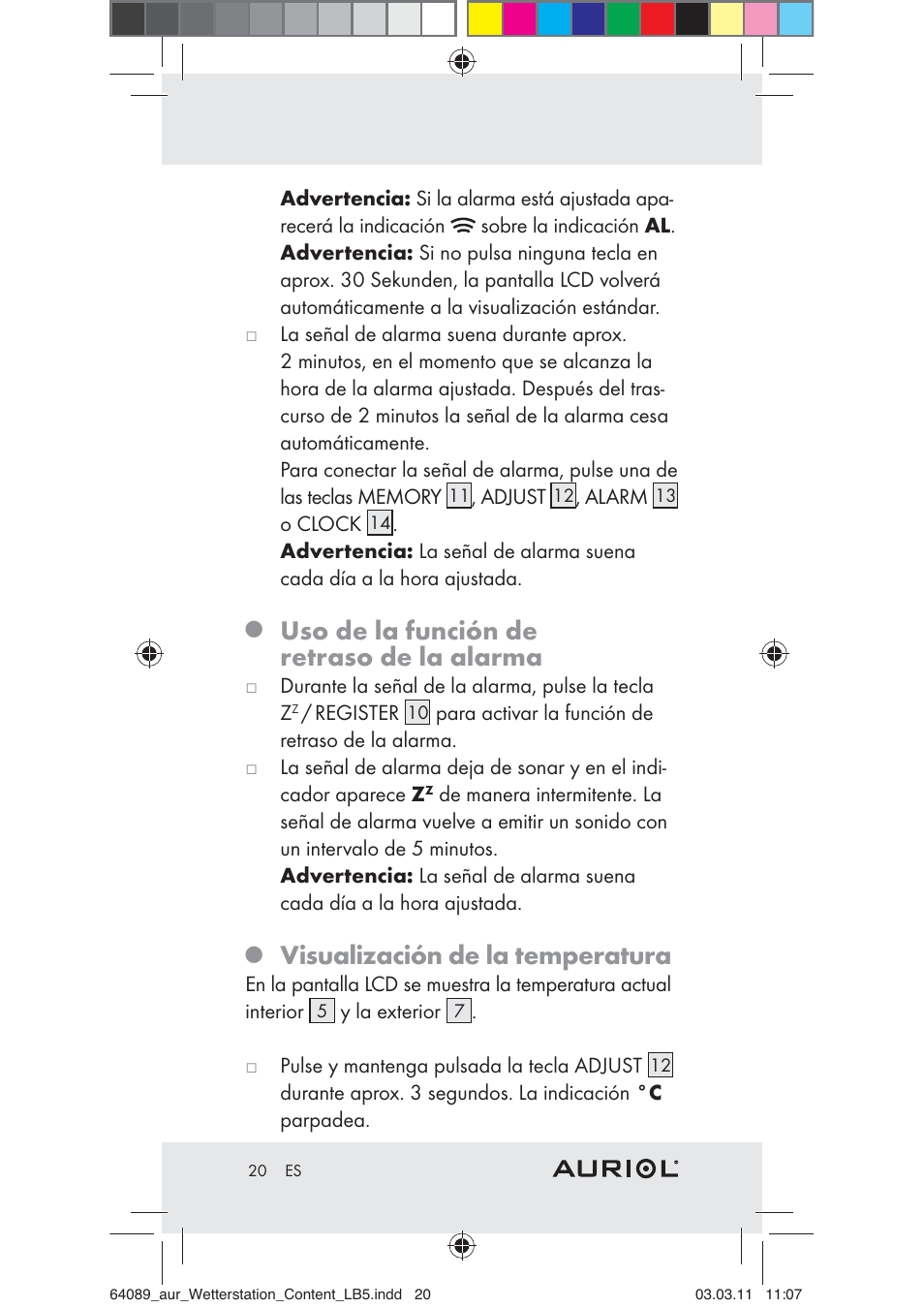 Uso de la función de retraso de la alarma, Visualización de la temperatura | Auriol Z29962A User Manual | Page 18 / 93