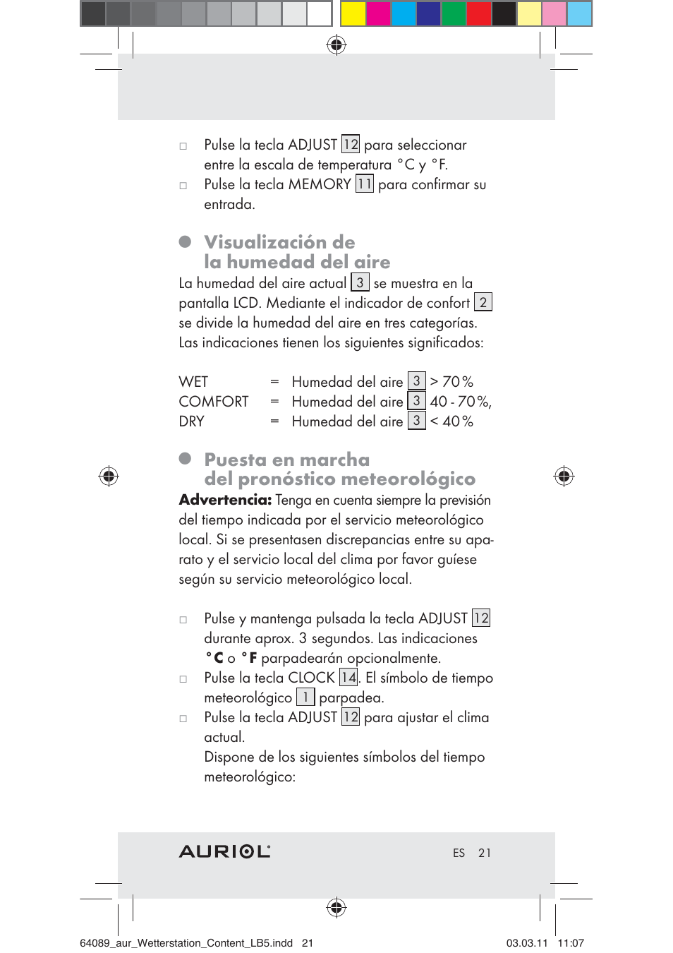 Visualización de la humedad del aire, Puesta en marcha del pronóstico meteorológico | Auriol Z29962A User Manual | Page 19 / 93