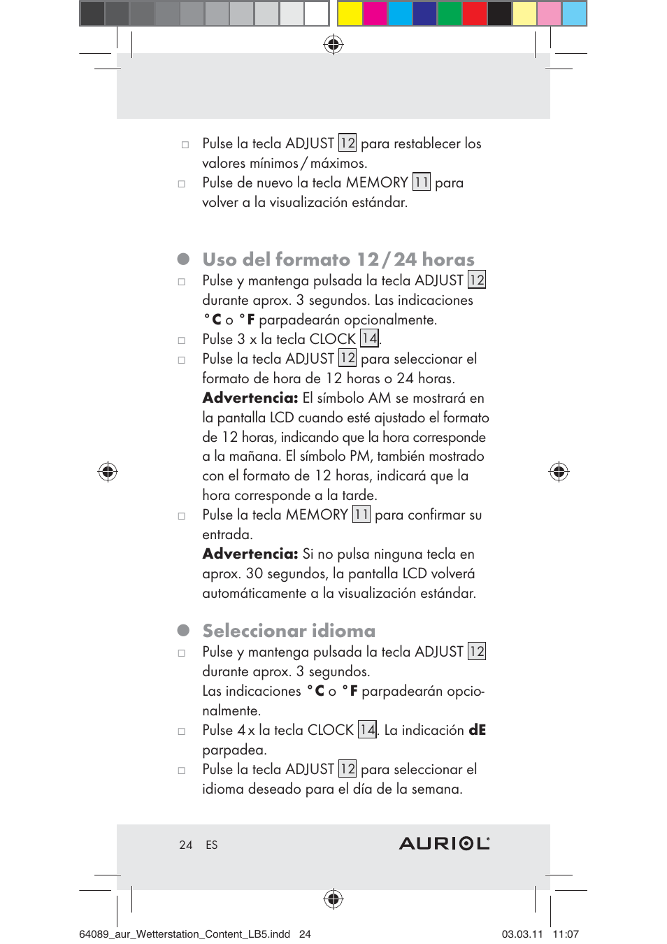 Uso del formato 12 / 24 horas, Seleccionar idioma | Auriol Z29962A User Manual | Page 22 / 93