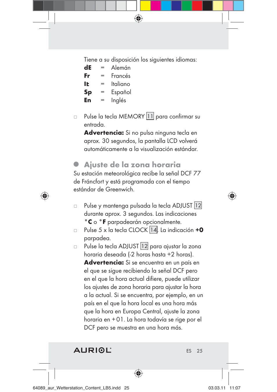 Ajuste de la zona horaria | Auriol Z29962A User Manual | Page 23 / 93