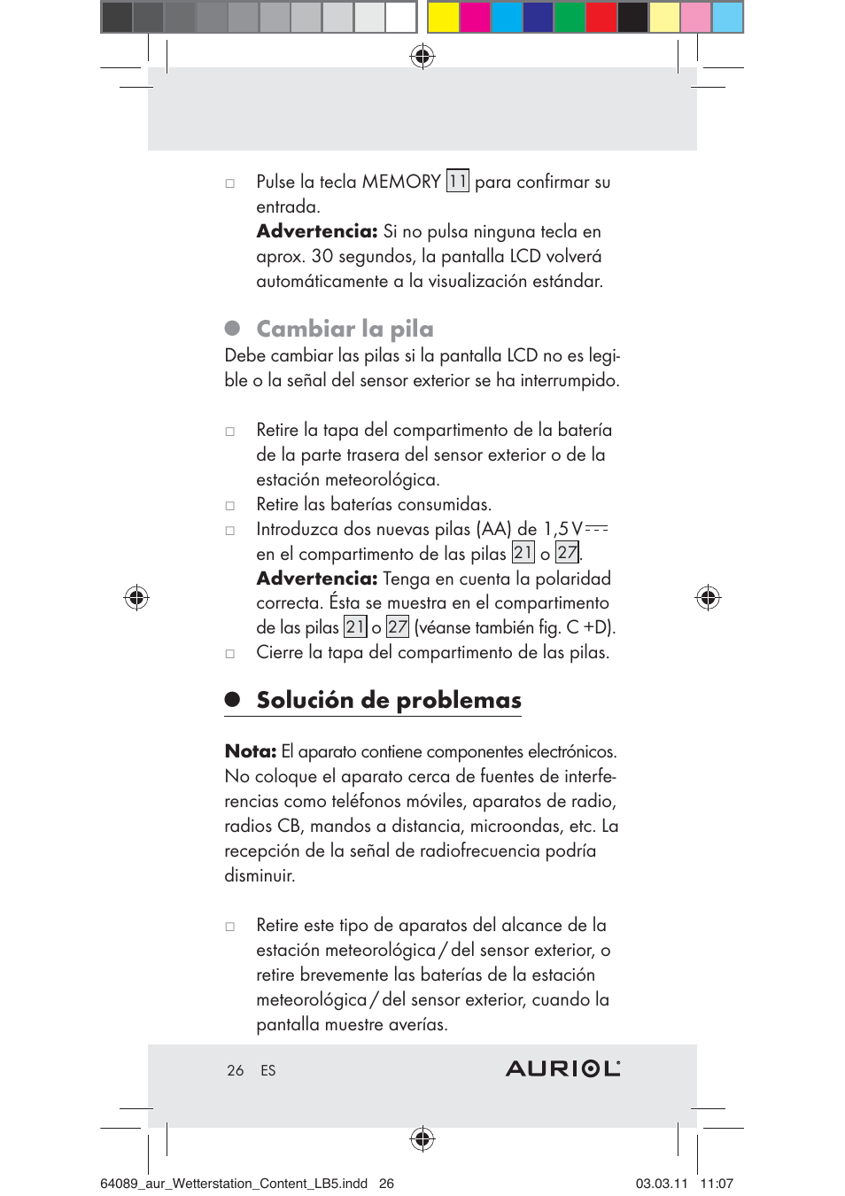 Cambiar la pila, Solución de problemas | Auriol Z29962A User Manual | Page 24 / 93