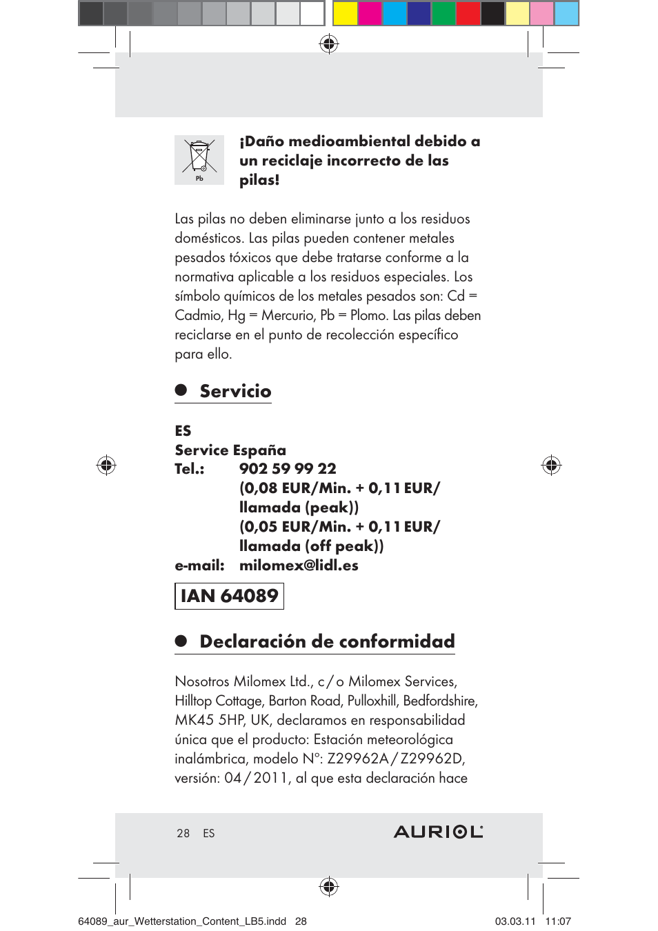 Servicio, Declaración de conformidad | Auriol Z29962A User Manual | Page 26 / 93