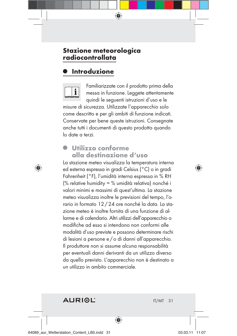 Stazione meteorologica radiocontrollata, Introduzione, Utilizzo conforme alla destinazione d‘uso | Auriol Z29962A User Manual | Page 29 / 93