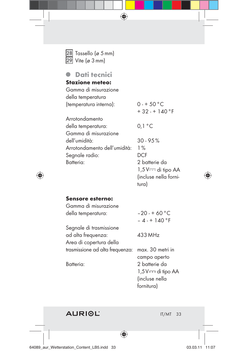 Dati tecnici | Auriol Z29962A User Manual | Page 31 / 93