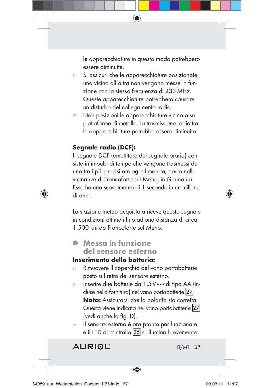 Messa in funzione del sensore esterno | Auriol Z29962A User Manual | Page 35 / 93