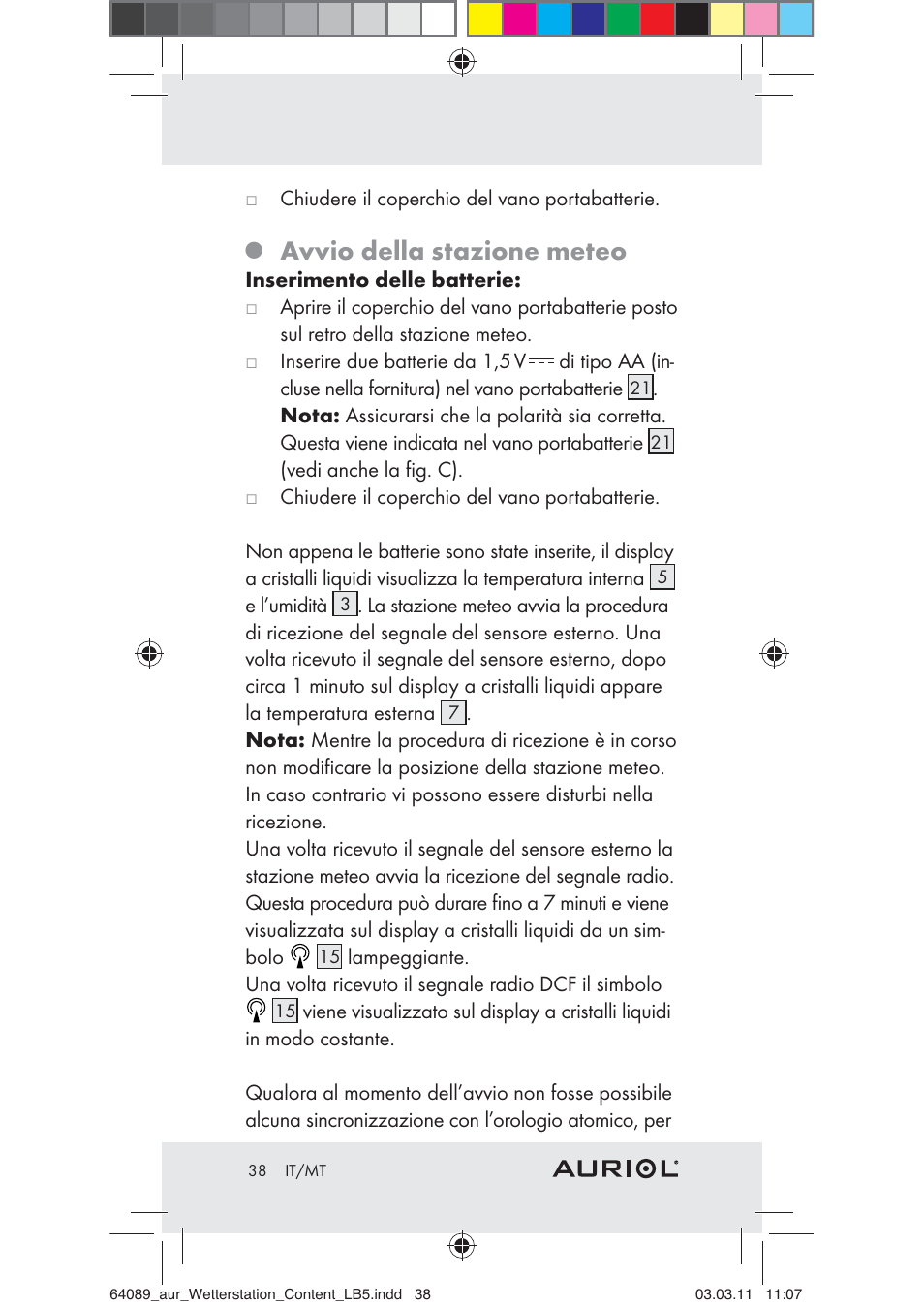 Avvio della stazione meteo | Auriol Z29962A User Manual | Page 36 / 93