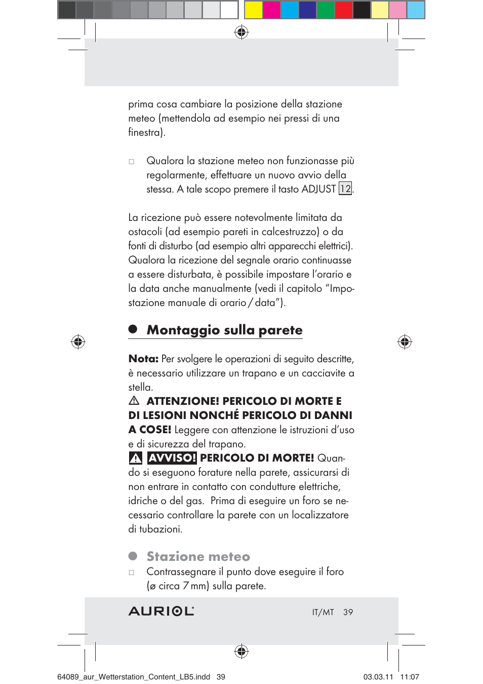 Montaggio sulla parete, Stazione meteo | Auriol Z29962A User Manual | Page 37 / 93