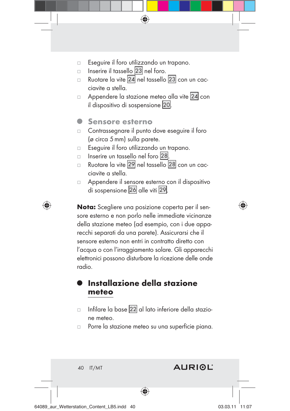 Sensore esterno, Installazione della stazione meteo | Auriol Z29962A User Manual | Page 38 / 93