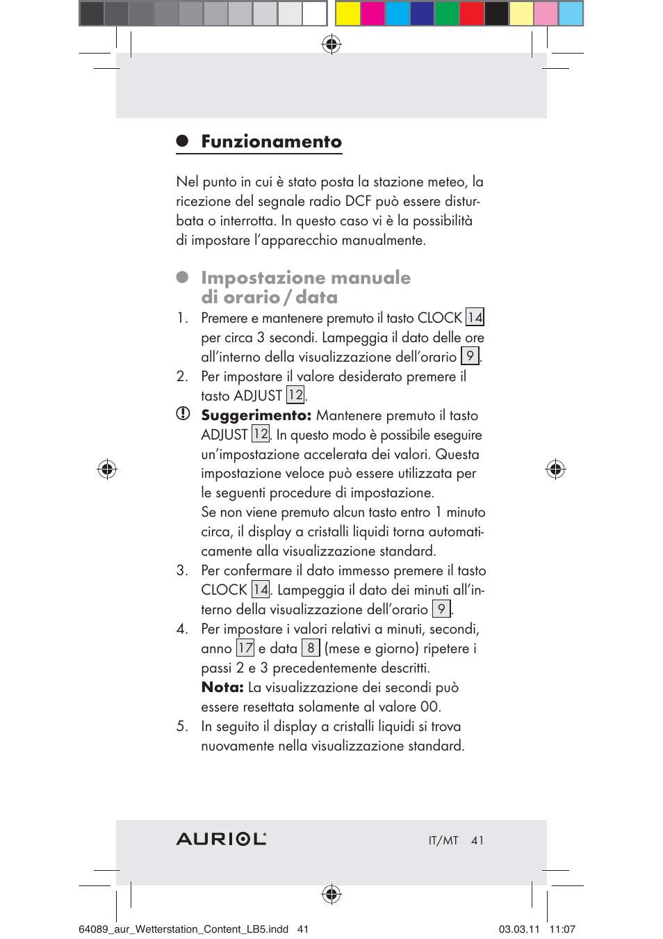 Funzionamento, Impostazione manuale di orario / data | Auriol Z29962A User Manual | Page 39 / 93