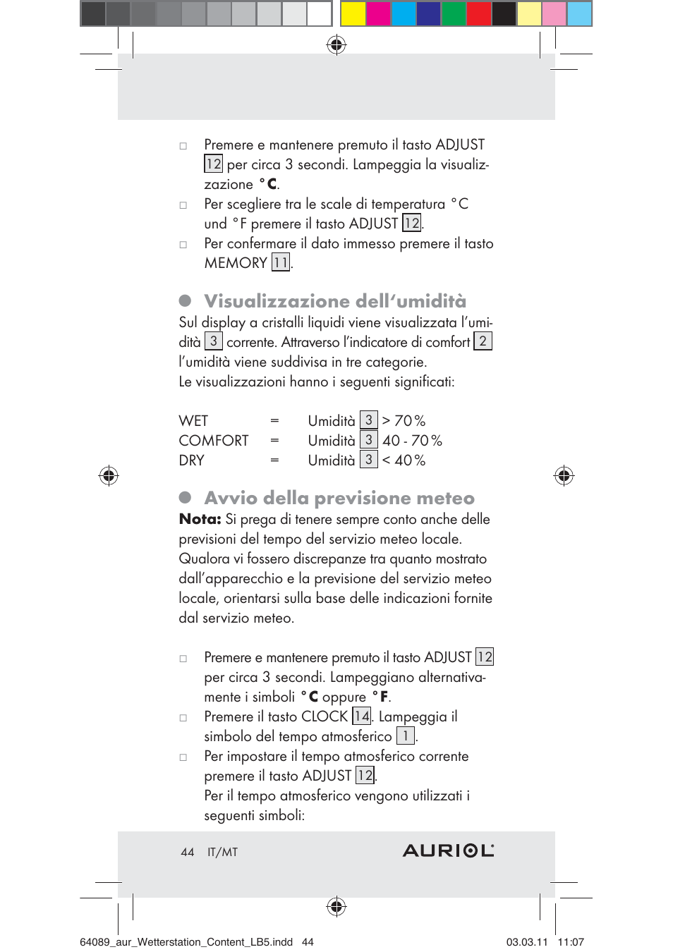 Visualizzazione dell‘umidità, Avvio della previsione meteo | Auriol Z29962A User Manual | Page 42 / 93