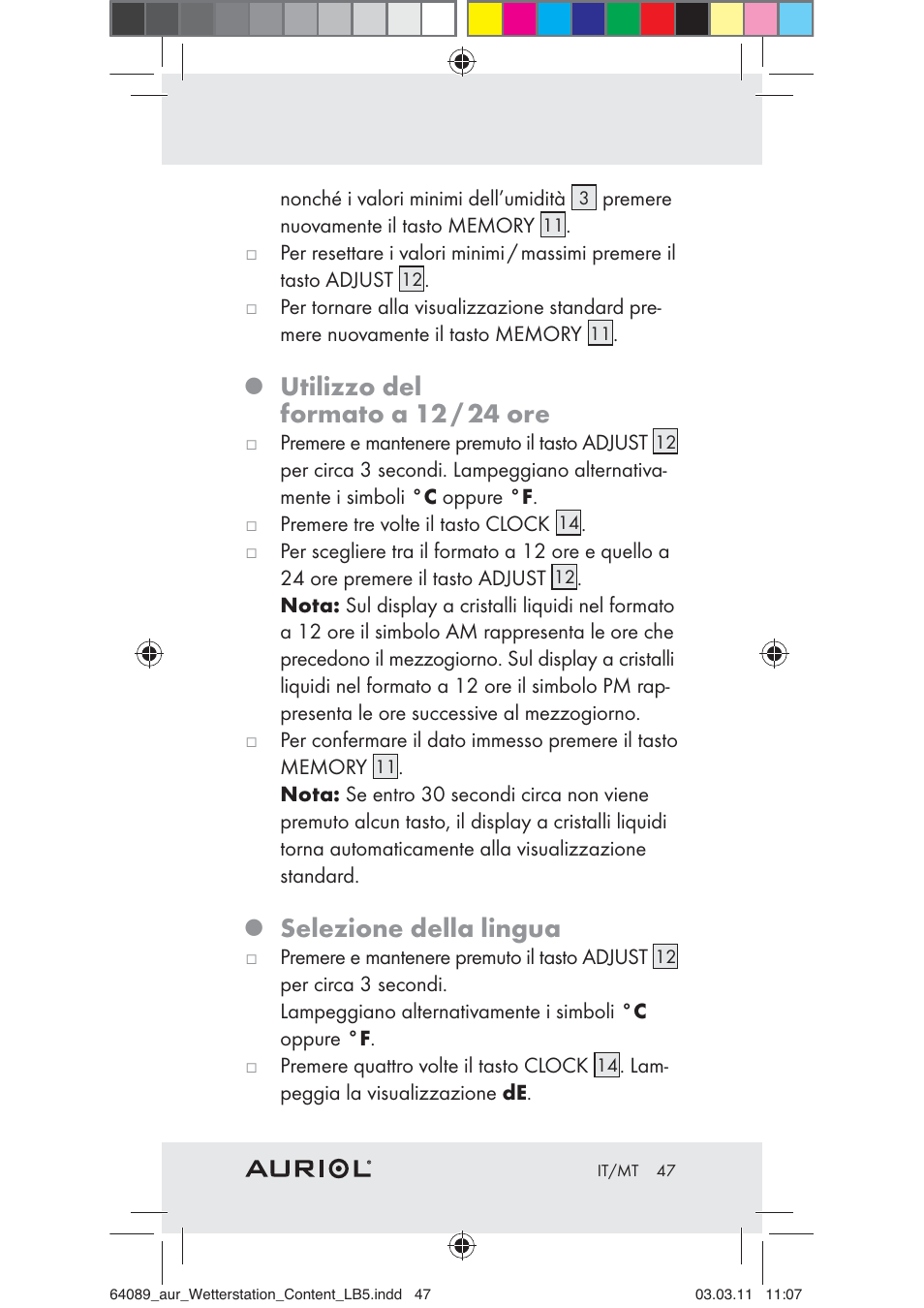 Utilizzo del formato a 12 / 24 ore, Selezione della lingua | Auriol Z29962A User Manual | Page 45 / 93