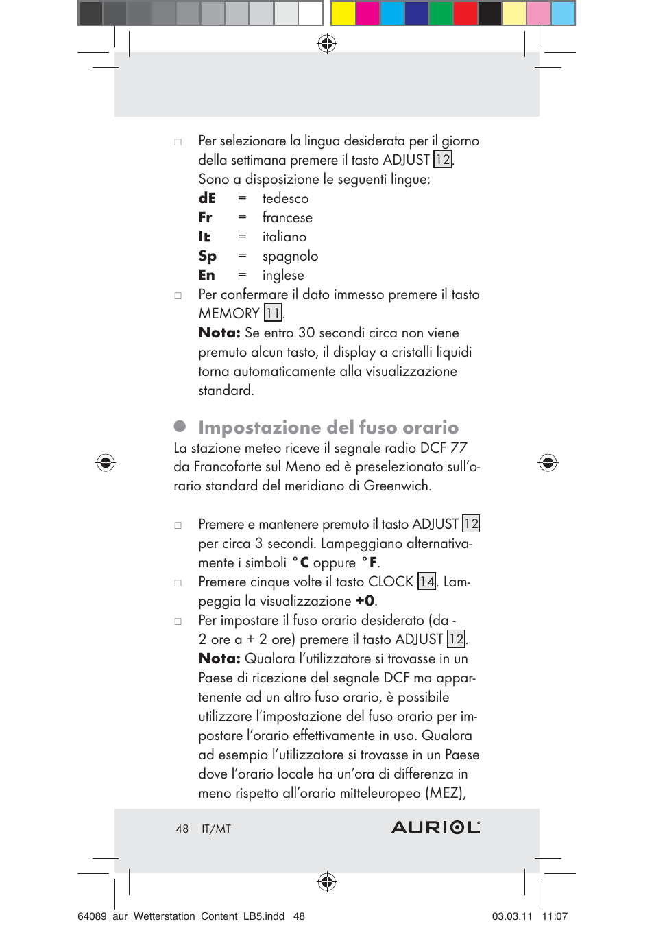 Impostazione del fuso orario | Auriol Z29962A User Manual | Page 46 / 93