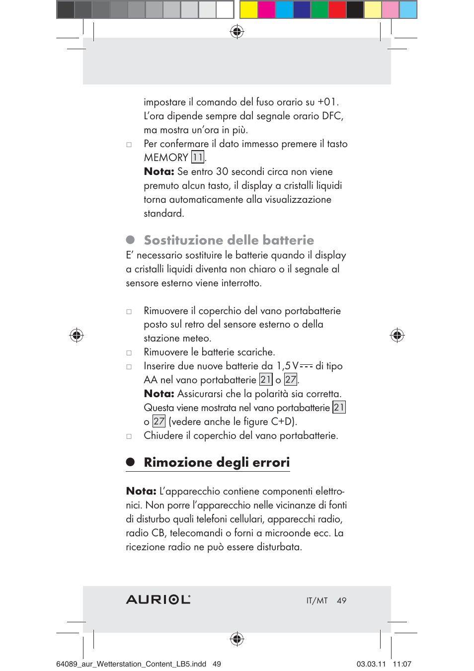 Sostituzione delle batterie, Rimozione degli errori | Auriol Z29962A User Manual | Page 47 / 93